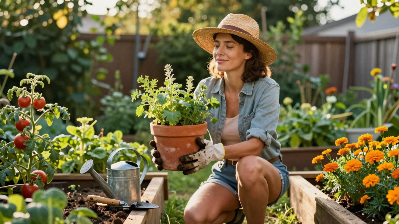 Mulher com chapéu a cuidar de planta em vaso num jardim com flores e tomates maduros.