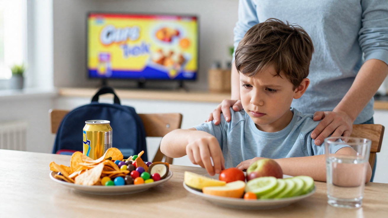 Criança hesitante a escolher alimentos saudáveis enquanto um adulto lhe toca nos ombros com apoio.