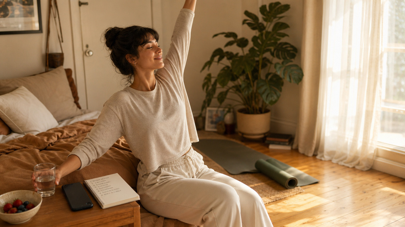 Mulher a alongar-se sentada na cama, numa sala com muita luz natural e plantas decorativas.