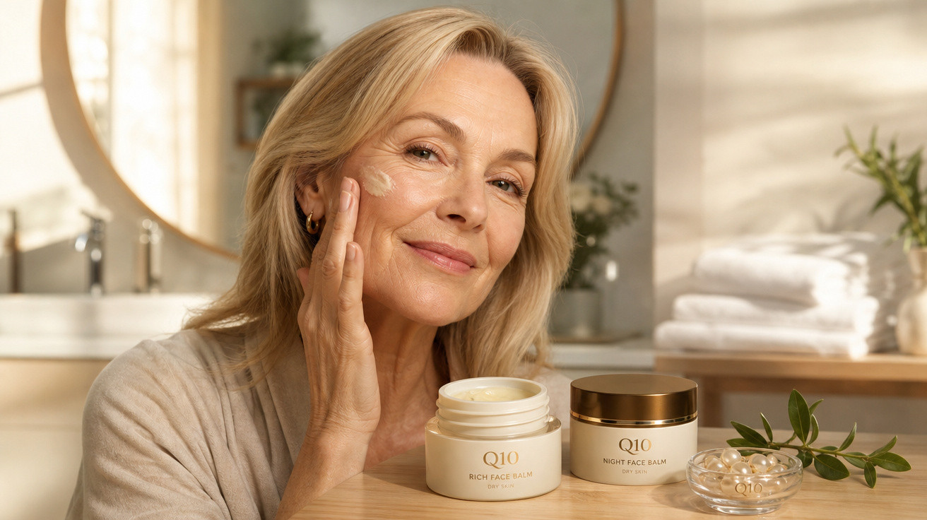 Mulher madura a aplicar creme facial junto a frascos de bálsamo facial Q10 numa casa de banho iluminada.