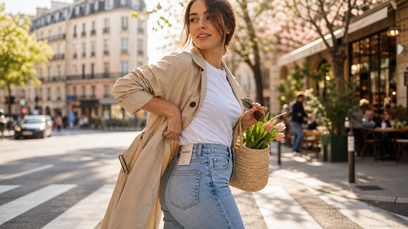 Mulher com gabardine bege e ganga azul, a sorrir e a segurar um cesto com flores numa rua urbana.
