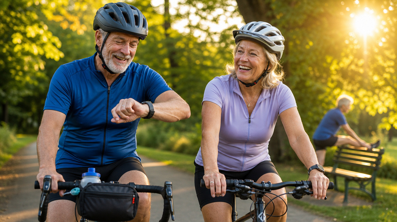 Casal sénior de bicicleta a sorrir num parque ensolarado, vestindo capacetes e roupas desportivas.