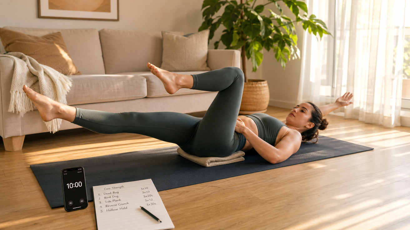 Mulher a fazer exercício físico no tapete em sala de estar com smartphone e caderno ao lado.