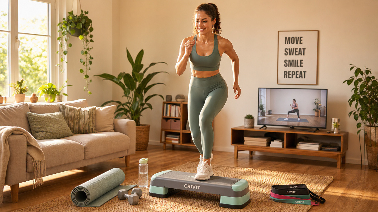 Mulher a fazer exercício em casa com step, colchonete, halteres e vídeo de treino na televisão.