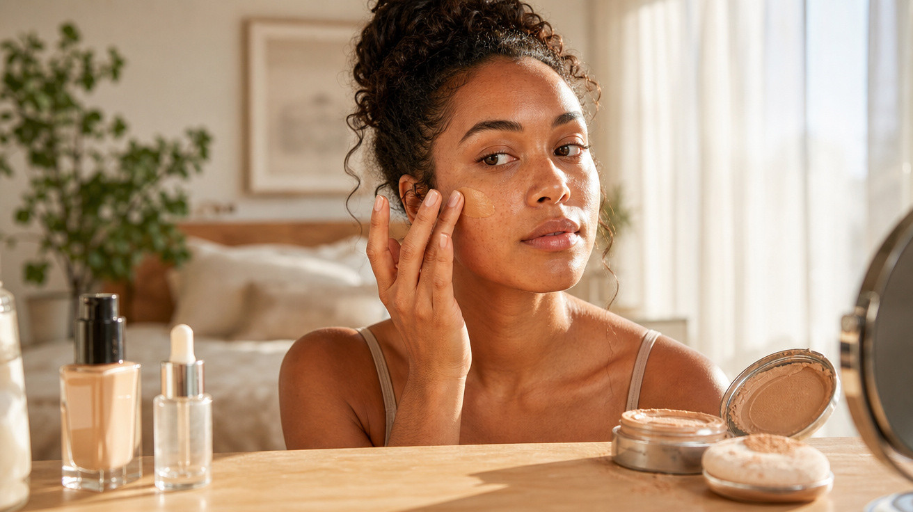 Mulher a aplicar maquilhagem na cara sentada à frente de um espelho numa mesa com produtos de cosmética.