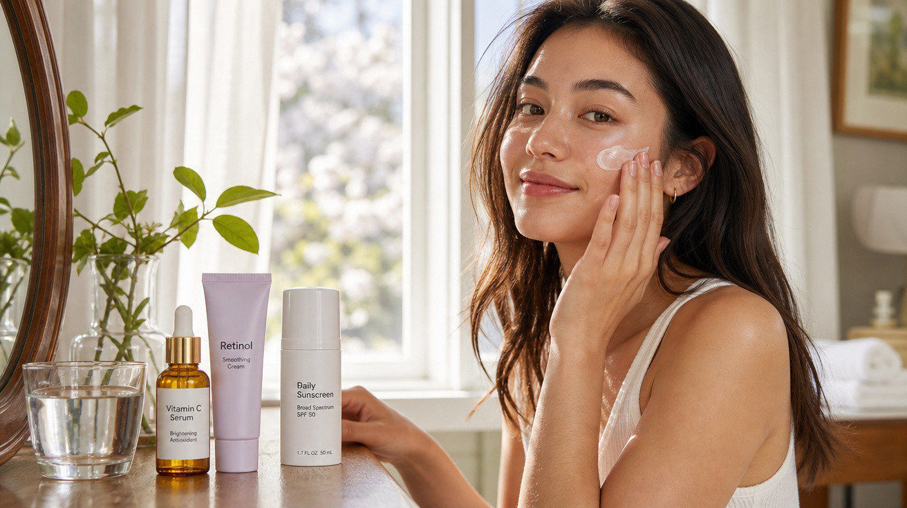 Mulher aplica creme hidratante facial, com produtos de skincare numa mesa junto a uma janela iluminada.