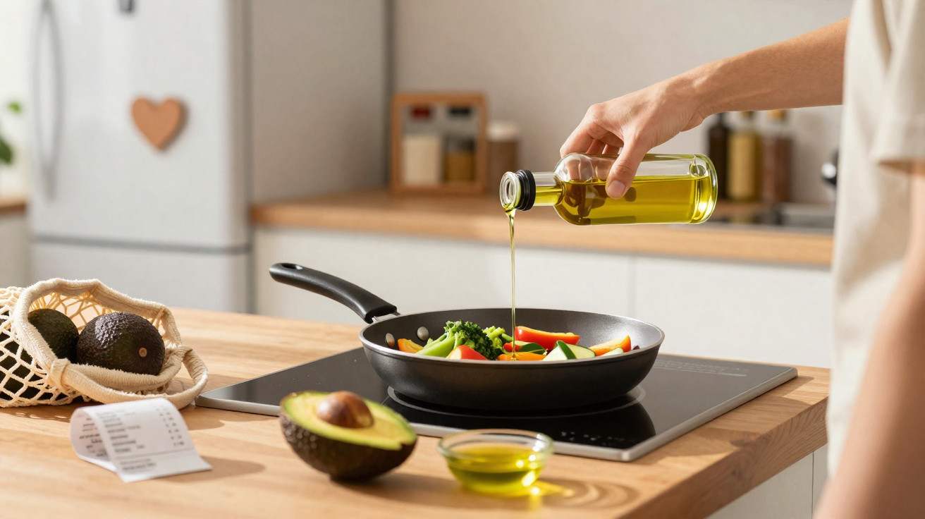 Pessoa a deitar azeite numa frigideira com legumes, ao lado de abacates cortados e inteiros numa cozinha.