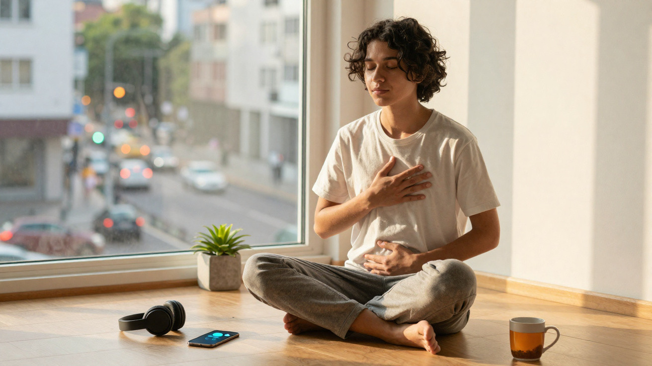 Jovem sentado em posição de meditação junto a janela, mãos no peito, com auscultadores, telemóvel e caneca no chão.
