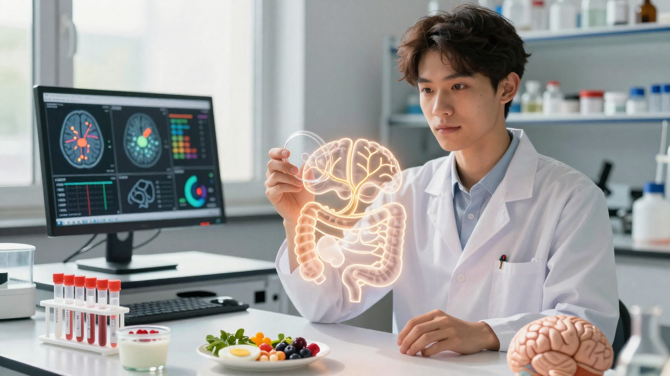 Cientista em laboratório a analisar holograma do sistema digestivo e cérebro com equipamento tecnológico.