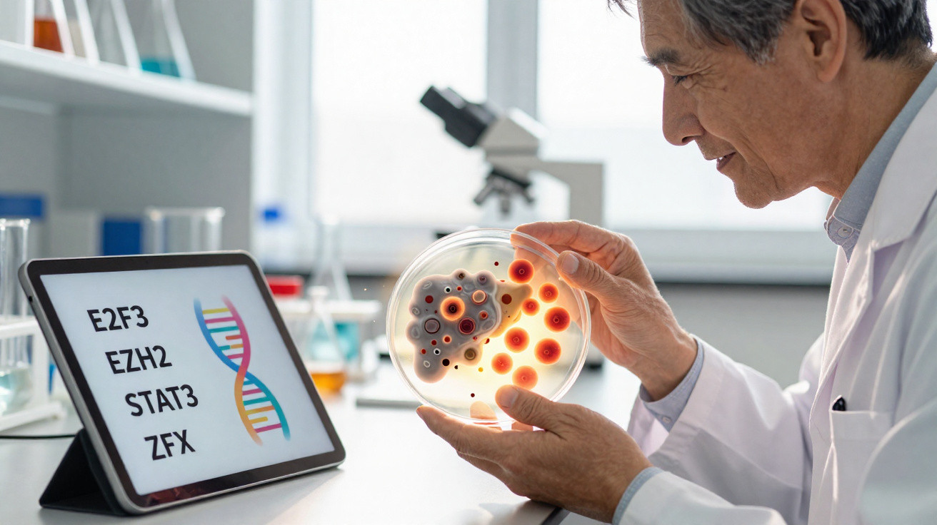 Cientista examina placas de Petri com colónias coloridas perto de ecrã mostrando cadeias de ADN.