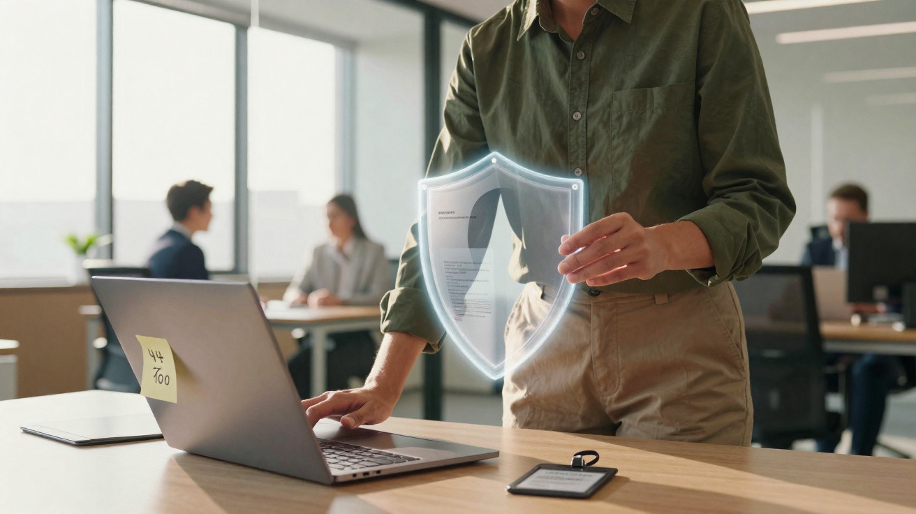 Pessoa em escritório com escudo digital holográfico sobre portátil, simbolizando segurança informática.