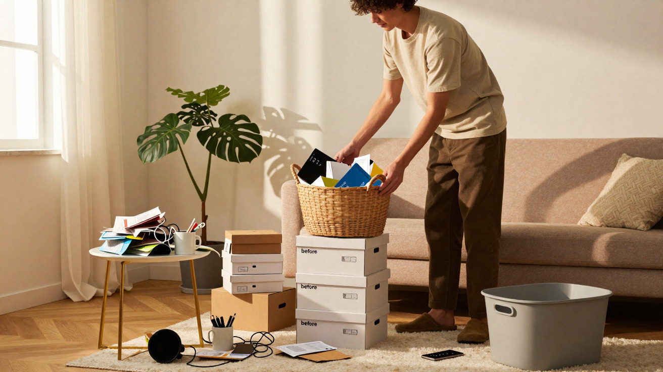 Homem a organizar objetos numa sala com caixas de arrumação e sofá bege.
