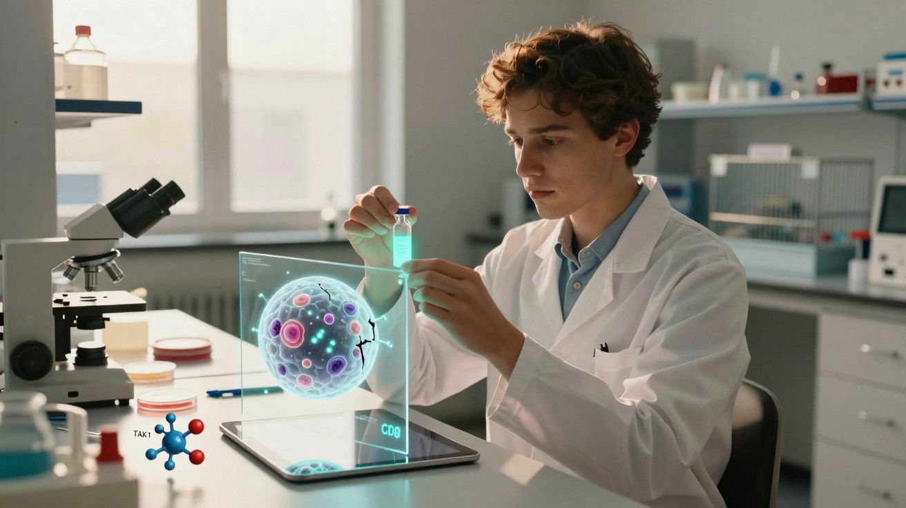 Jovem cientista em laboratório observa frasco com líquido azul enquanto holograma de célula é exibido ao lado.