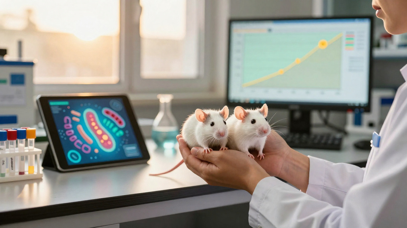 Cientista segura dois ratos brancos num laboratório com ecrãs e tubos de ensaio ao fundo.