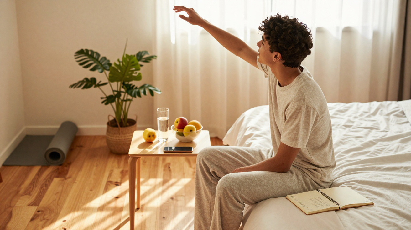 Mulher sentada na cama, a espreguiçar-se, com copo de água e mesa com caderno, telemóvel e taça de fruta.