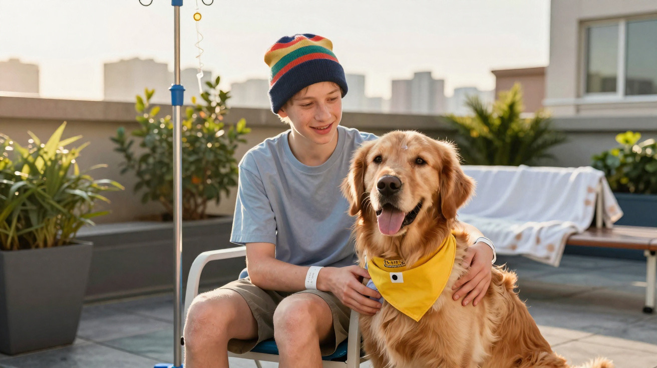 Rapaz com pulseira hospitalar sentado com dois labradores dourados ao ar livre, ao lado de suporte de soro.