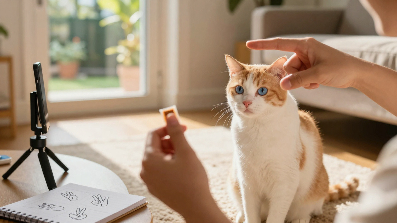 Pessoa a treinar um gato branco e laranja dentro de casa, com câmara e caderno no chão.