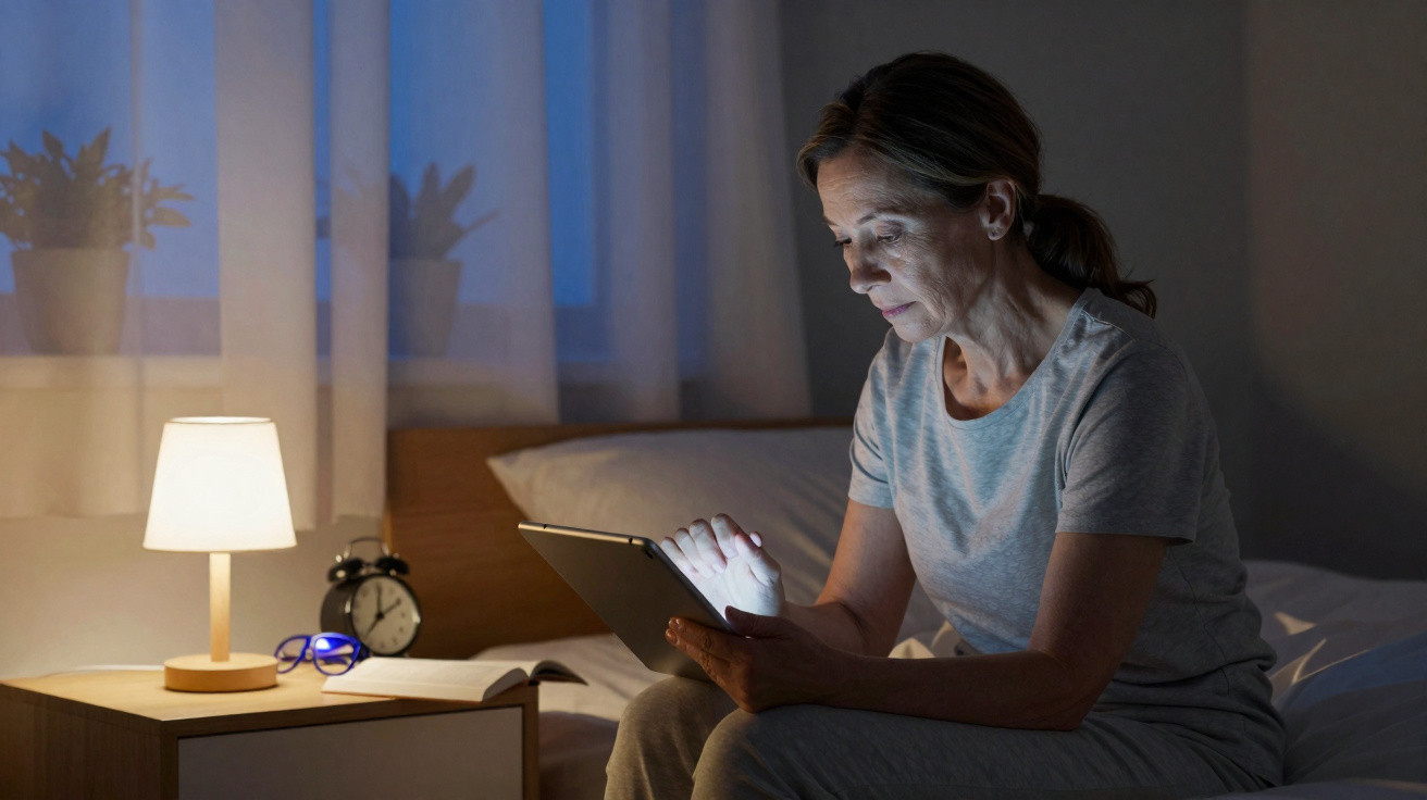 Mulher sentada na cama a ler num tablet, com luz de candeeiro e um despertador na mesa de cabeceira.
