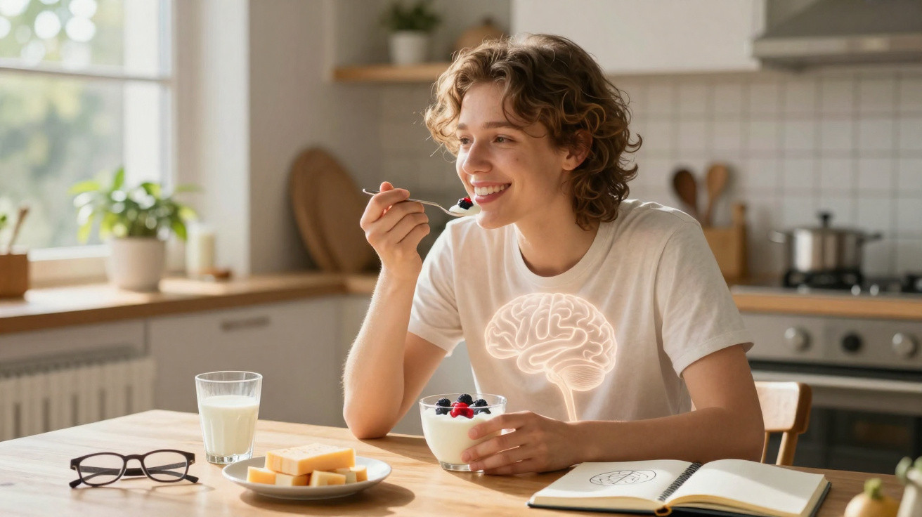 Jovem a comer iogurte com frutos vermelhos, com um desenho de cérebro iluminado na sua camisola branca.
