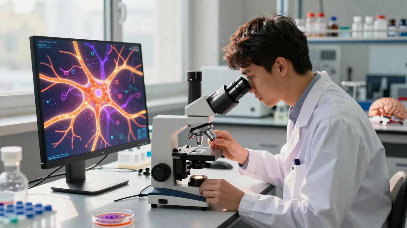 Cientista a observar amostra ao microscópio com imagem de neurónio num ecrã no laboratório.