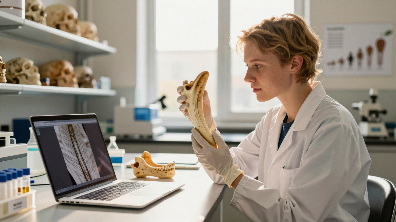 Jovem cientista em laboratório examina modelo anatómico de mandíbula animal com computador portátil aberto.