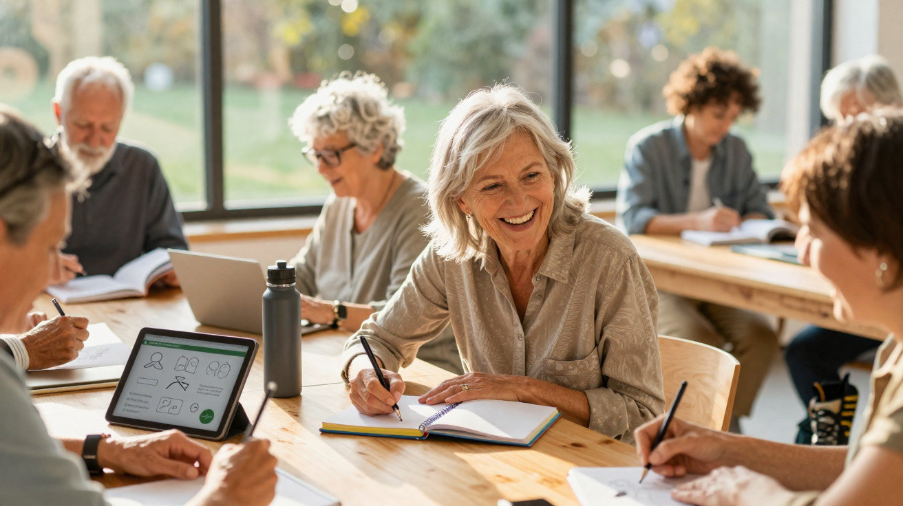 Grupo de idosos sentados à mesa a estudar e usar tecnologia num ambiente luminoso e acolhedor.