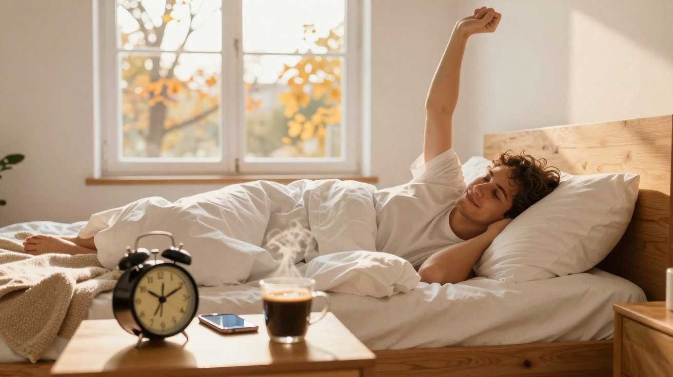 Jovem a espreguiçar-se na cama ao acordar numa manhã ensolarada de outono com café na mesa ao lado.