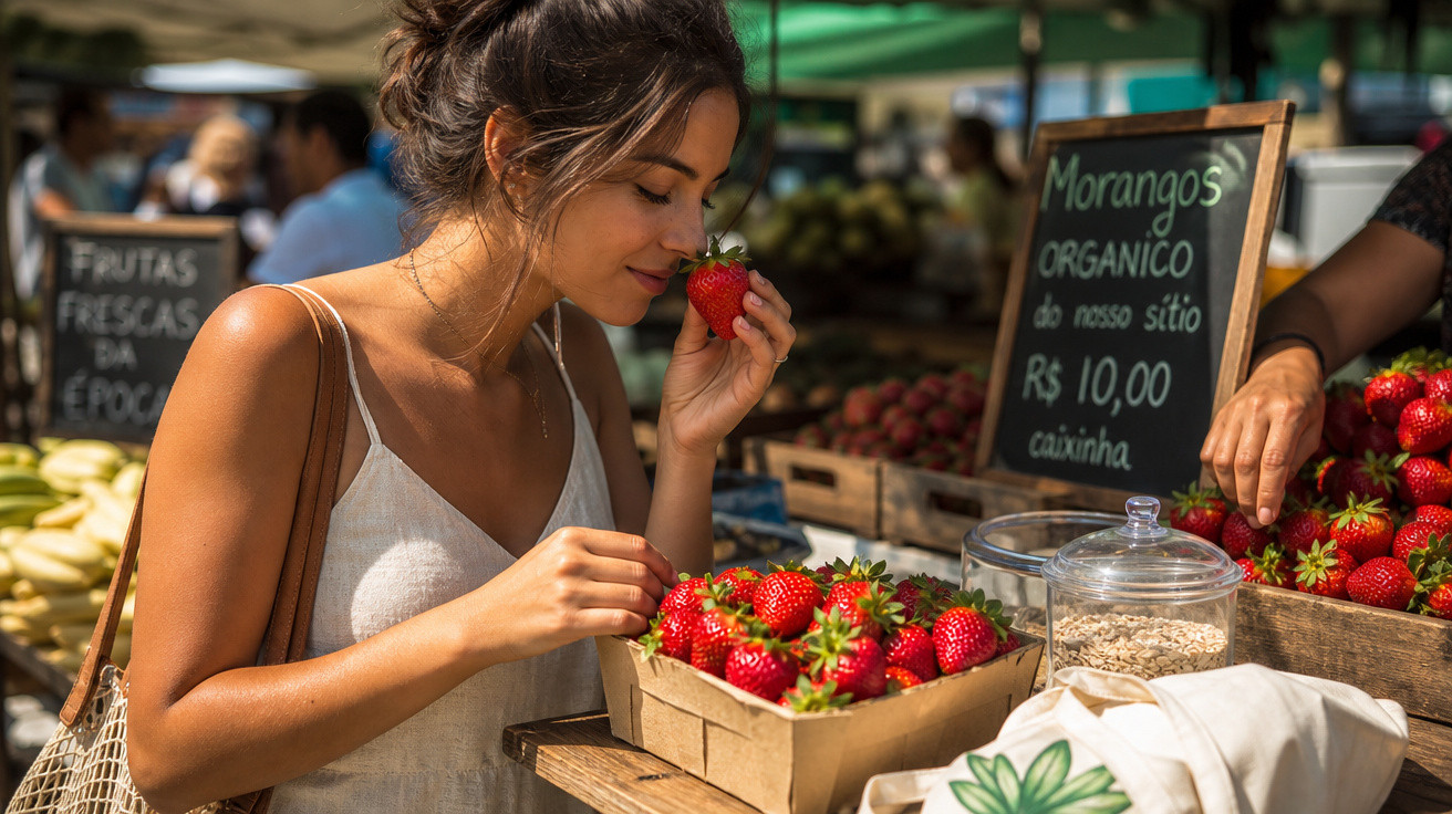 Mulher cheira morango fresco num mercado ao ar livre com caixas de frutas e placa de preço ao fundo.