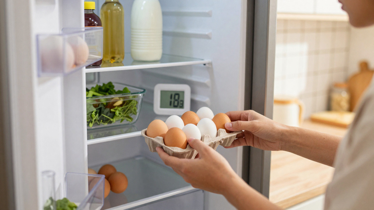 Pessoa a guardar ovos na caixa dentro do frigorífico com vários alimentos e termómetro digital.