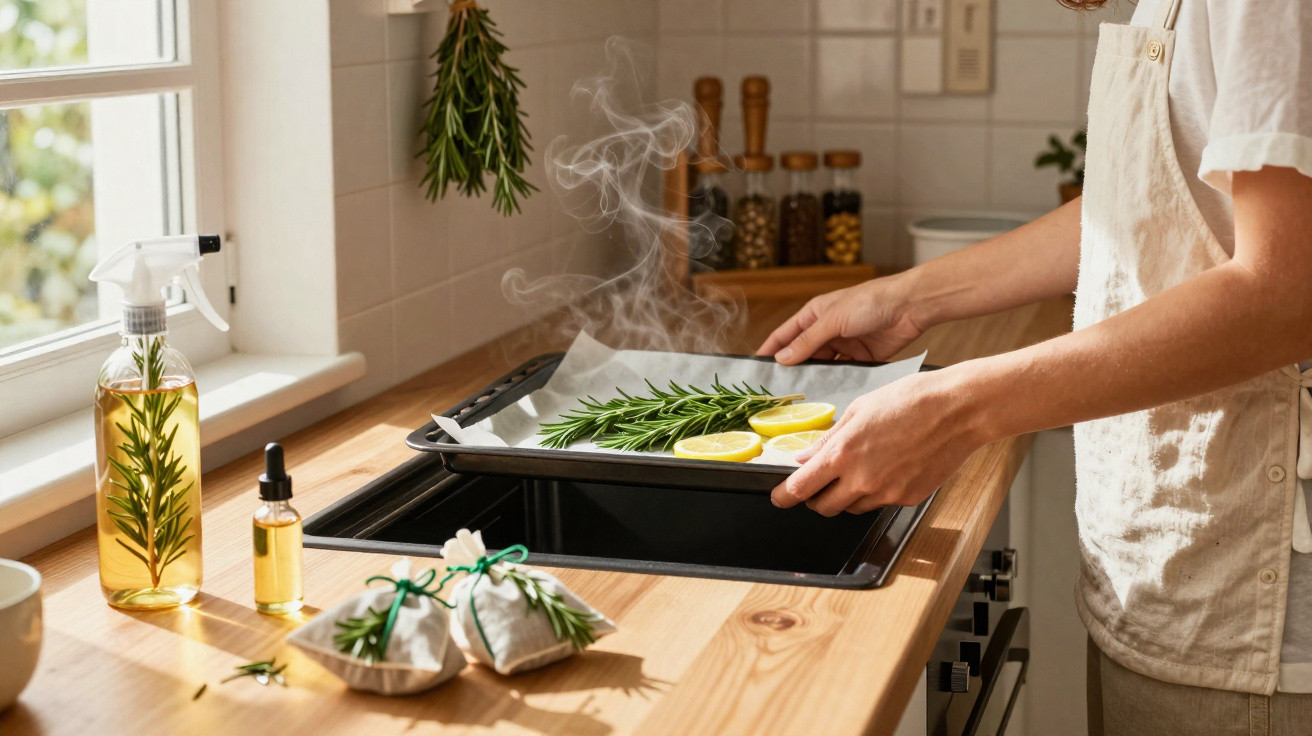 Mãos a colocar assadeira com alecrim e limão no forno numa cozinha luminosa com aromas naturais.