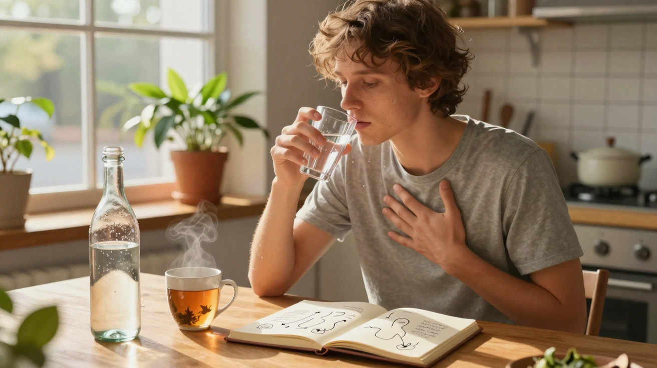 Jovem sentado à mesa na cozinha a beber água, com chá quente e caderno aberto à sua frente.