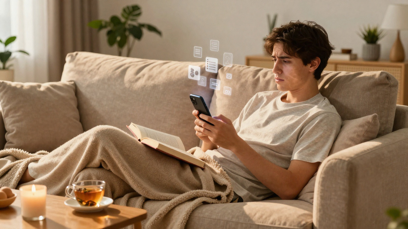 Jovem sentado no sofá com manta, lendo livro e a usar o telemóvel, rodeado de mensagens digitais.