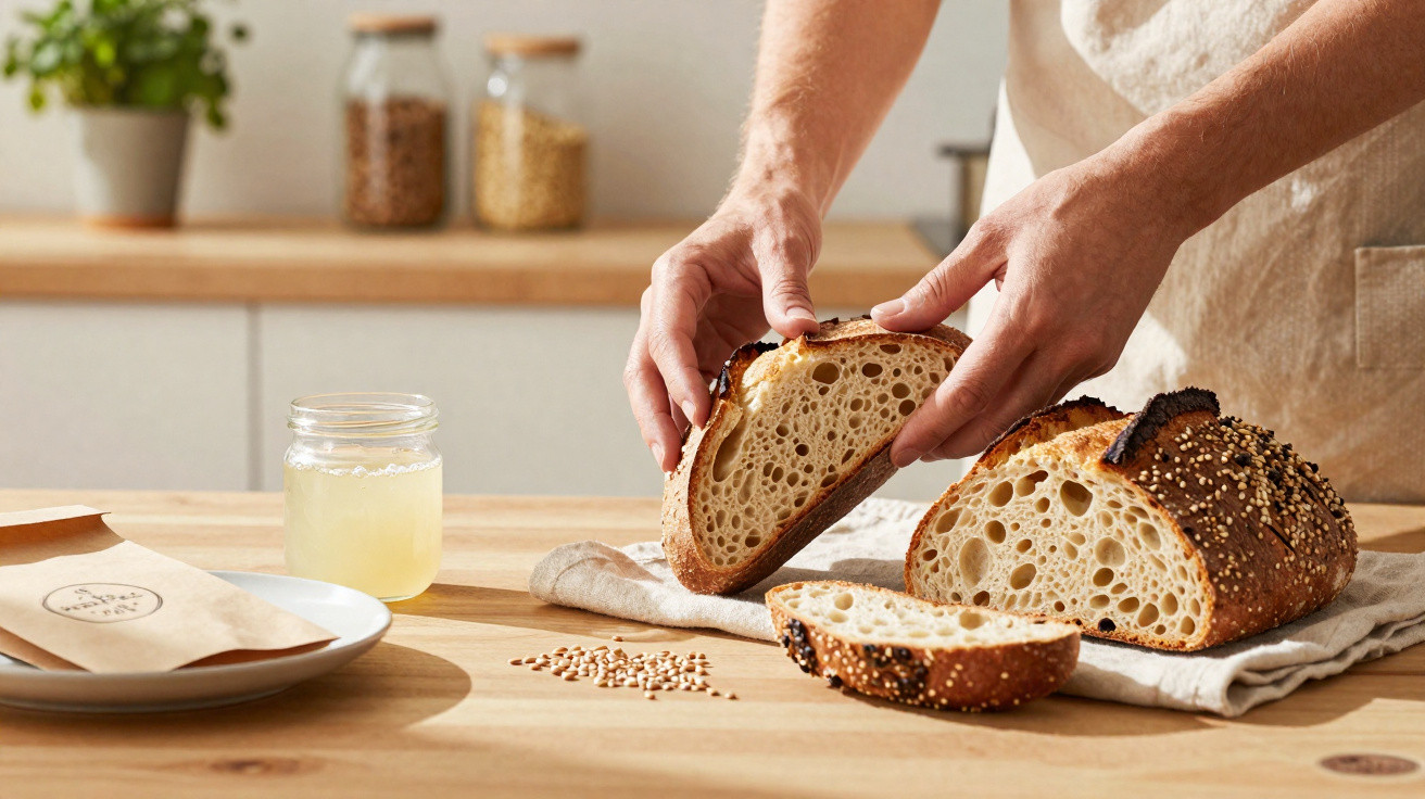 Pessoa a partir um pão com sementes sobre toalha numa cozinha rústica, com frasco de manteiga e prato vazio ao lado.