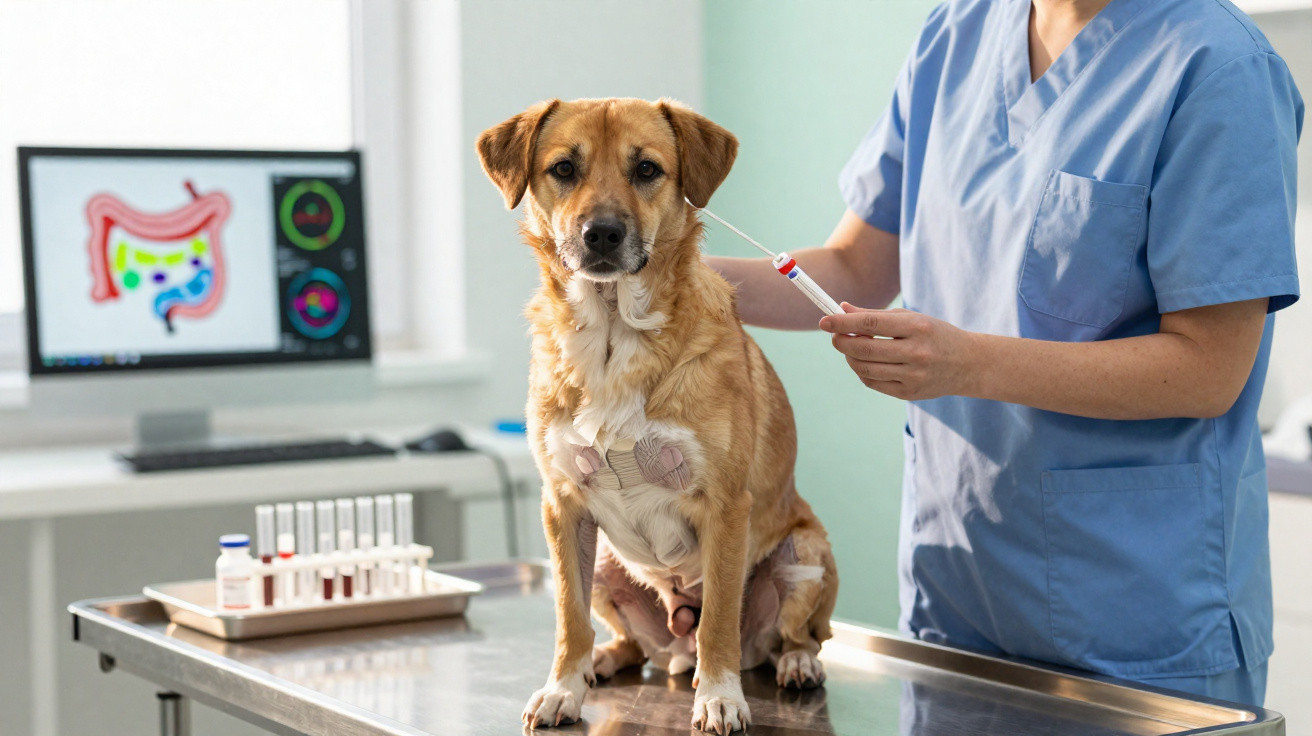 Veterinária a dar medicação a um cão castanho numa clínica veterinária.
