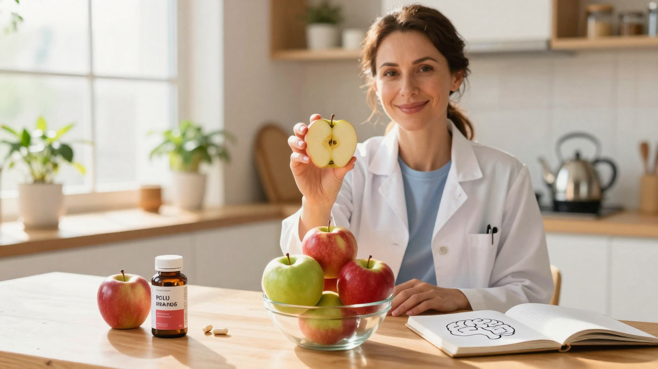 Mulher médica numa cozinha a oferecer uma fatia de maçã, com frasco de probióticos e livro aberto à sua frente.