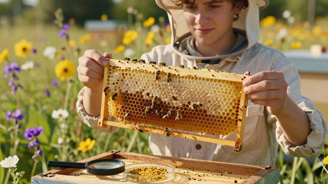 Apicultor jovem segurando um quadro de colmeia com abelhas num campo florido.
