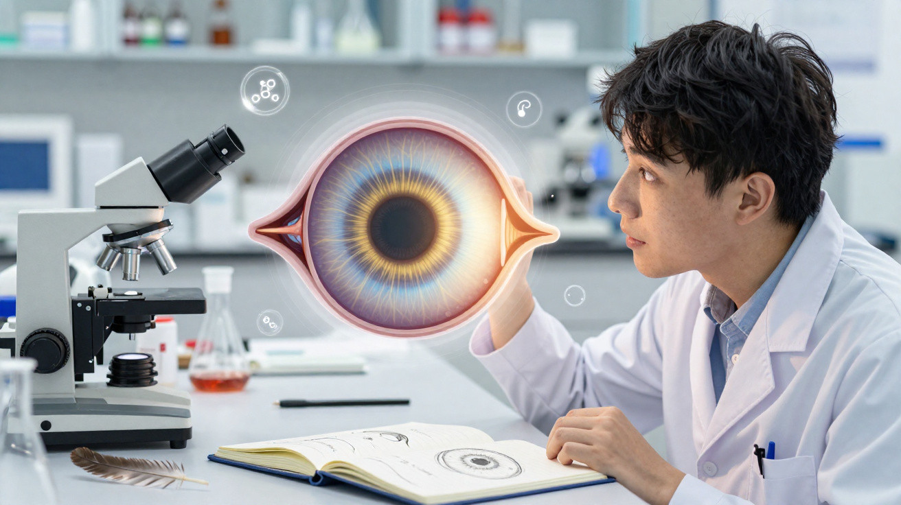 Cientista em laboratório analisa modelo 3D gigante de olho humano dentro de ambiente científico.