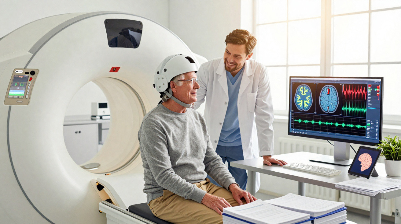 Paciente idoso com capacete para exames neurológicos conversa com médico junto a máquina de ressonância.