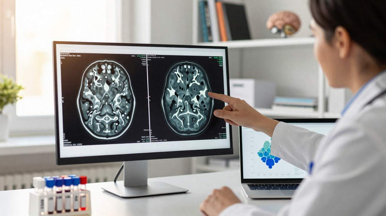 Médico analisa imagens de ressonância magnética do cérebro num ecrã num consultório moderno.
