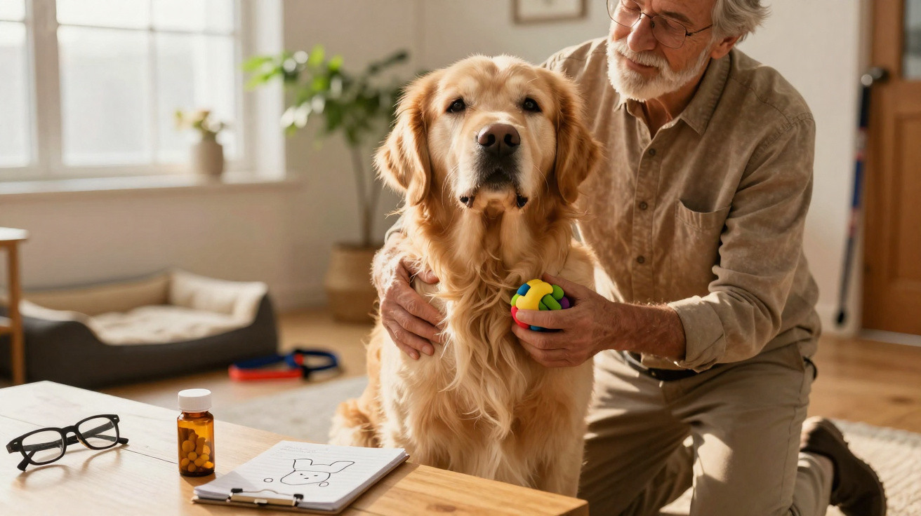 Homem acaricia cão golden retriever num ambiente doméstico com medicamentos e desenho na mesa.