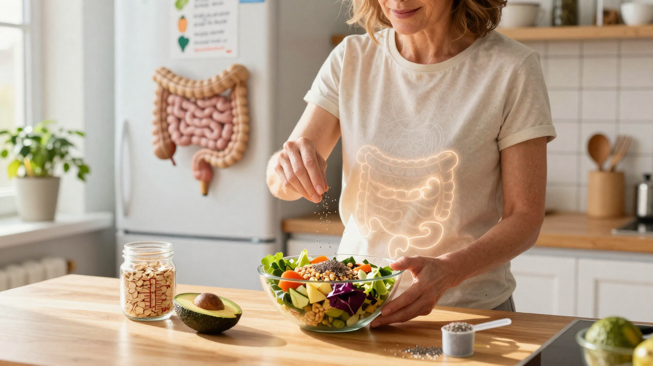 Mulher a temperar salada saudável na cozinha com ilustração do intestino sobreposta no corpo.
