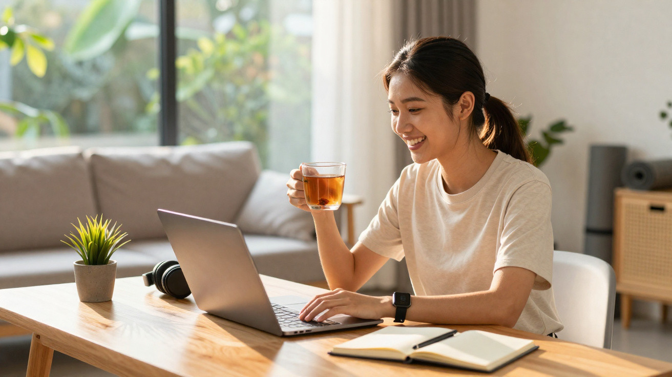 Mulher sorridente a trabalhar num computador portátil, segurando uma chávena de chá num escritório luminoso.