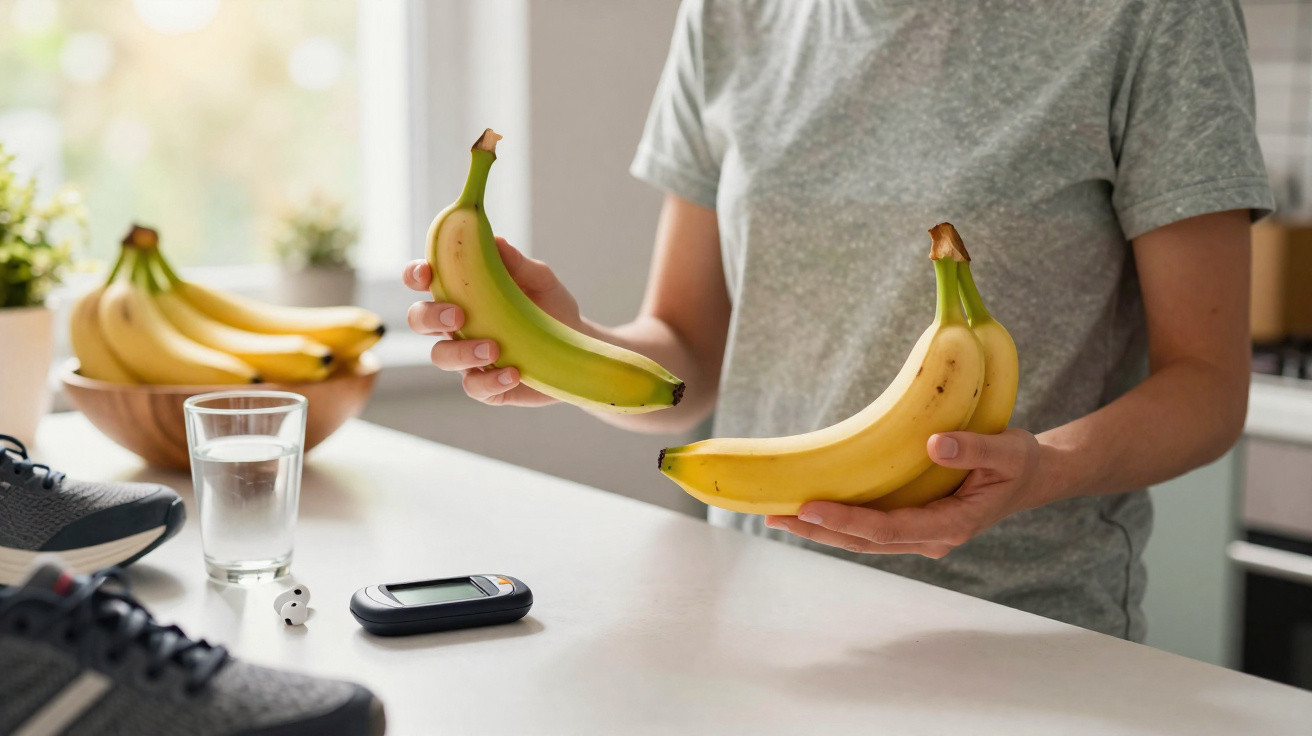 Pessoa com t-shirt cinza segura duas bananas na cozinha, com tênis, copo de água e monitor de glicose na mesa.