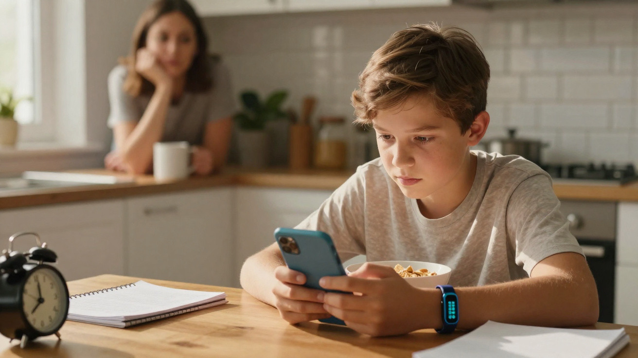 Menino com bracelete digital está sentado à mesa a usar telemóvel, mulher observa com expressão preocupada ao fundo.
