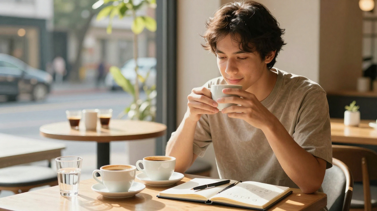 Pessoa sentada numa mesa de café a beber de uma chávena, com um caderno aberto e uma caneta.