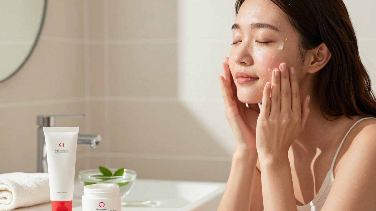 Mulher a aplicar produto hidratante no rosto num ambiente de casa de banho com toalhas e produtos de beleza.
