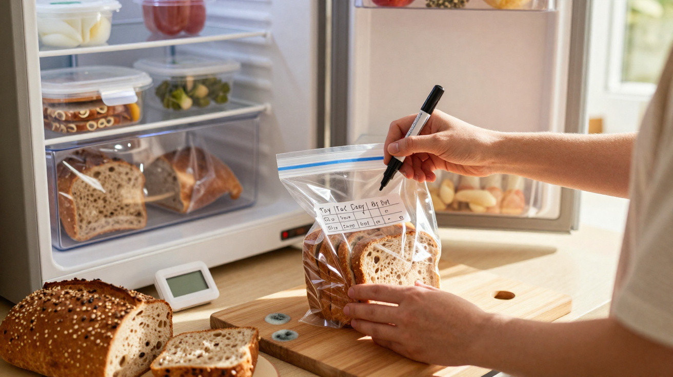 Pessoa a colocar fatias de pão com bolor num saco plástico transparente para armazenamento, junto a frigorífico aberto.