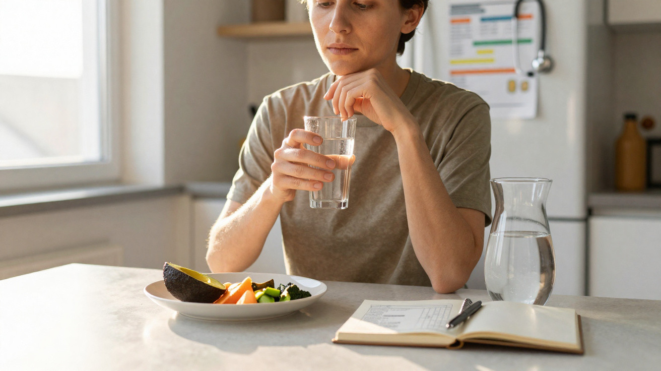 Pessoa a segurar um copo de água, com prato de fruta e legumes e caderno com caneta numa mesa.