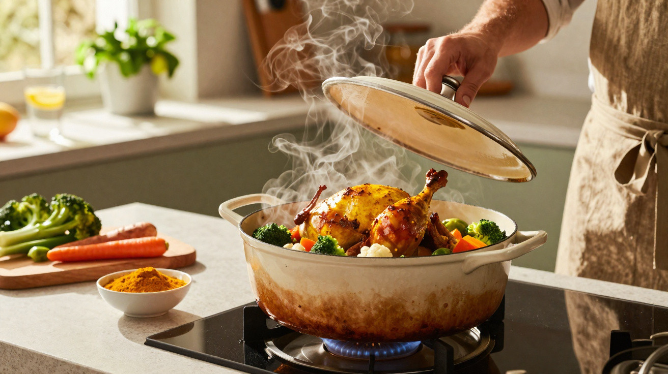 Pessoa a levantar a tampa de panela com frango assado e legumes a cozinhar no fogão a gás.