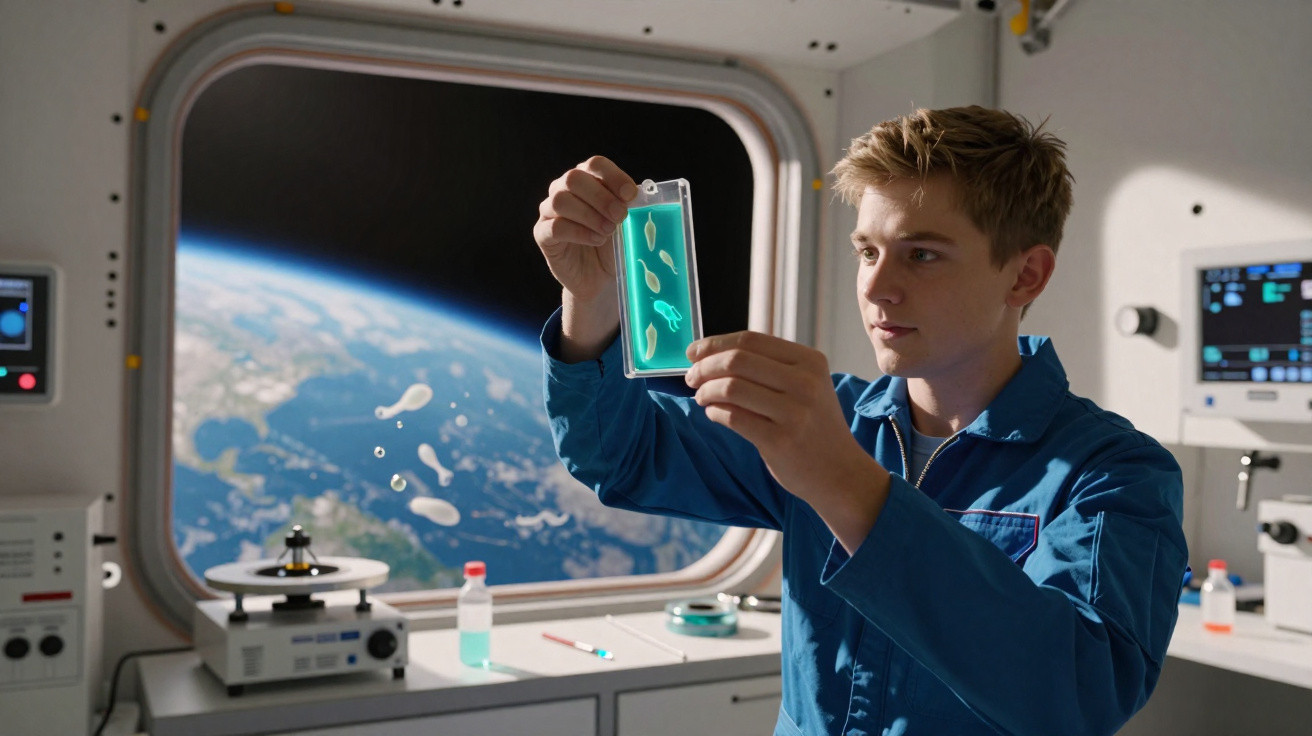 Menino vestido de astronauta observa tubo de ensaio com líquido azul dentro de laboratório espacial.